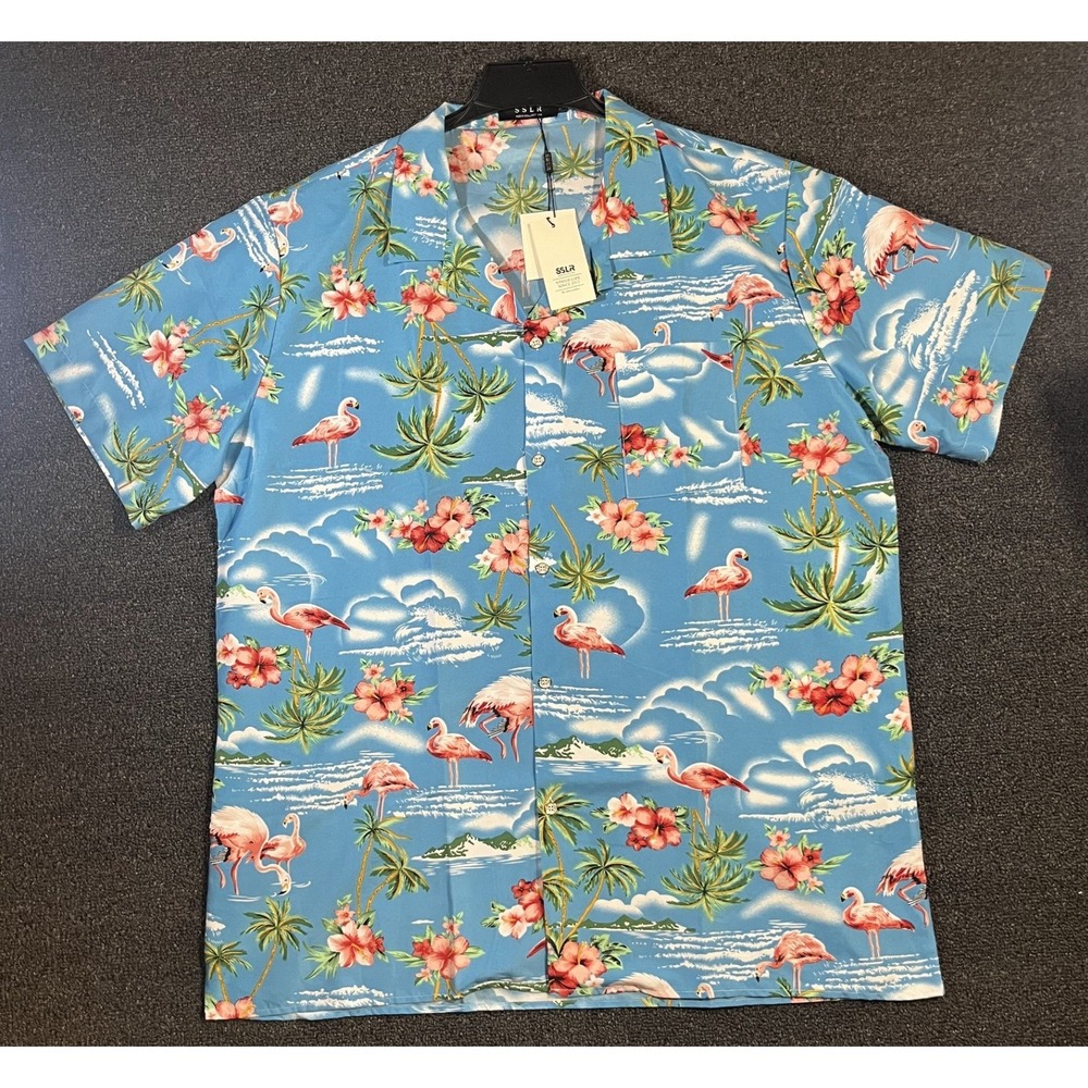 SSLR‎ Mens XL Flamingo Tropical Hawaiian Shirt Blue Short Sleeve Button Down NWT